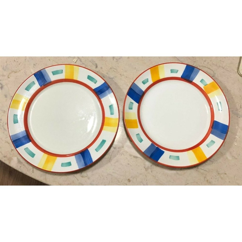 Pier1 PER39 Made in Italy Dinner Plates Orange Yellow Blue Green set of 2